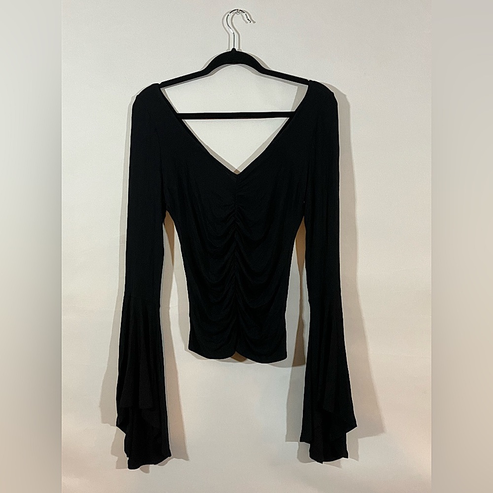 Long Sleeve Soft Black Top with Bell Sleeves and Front Ruching